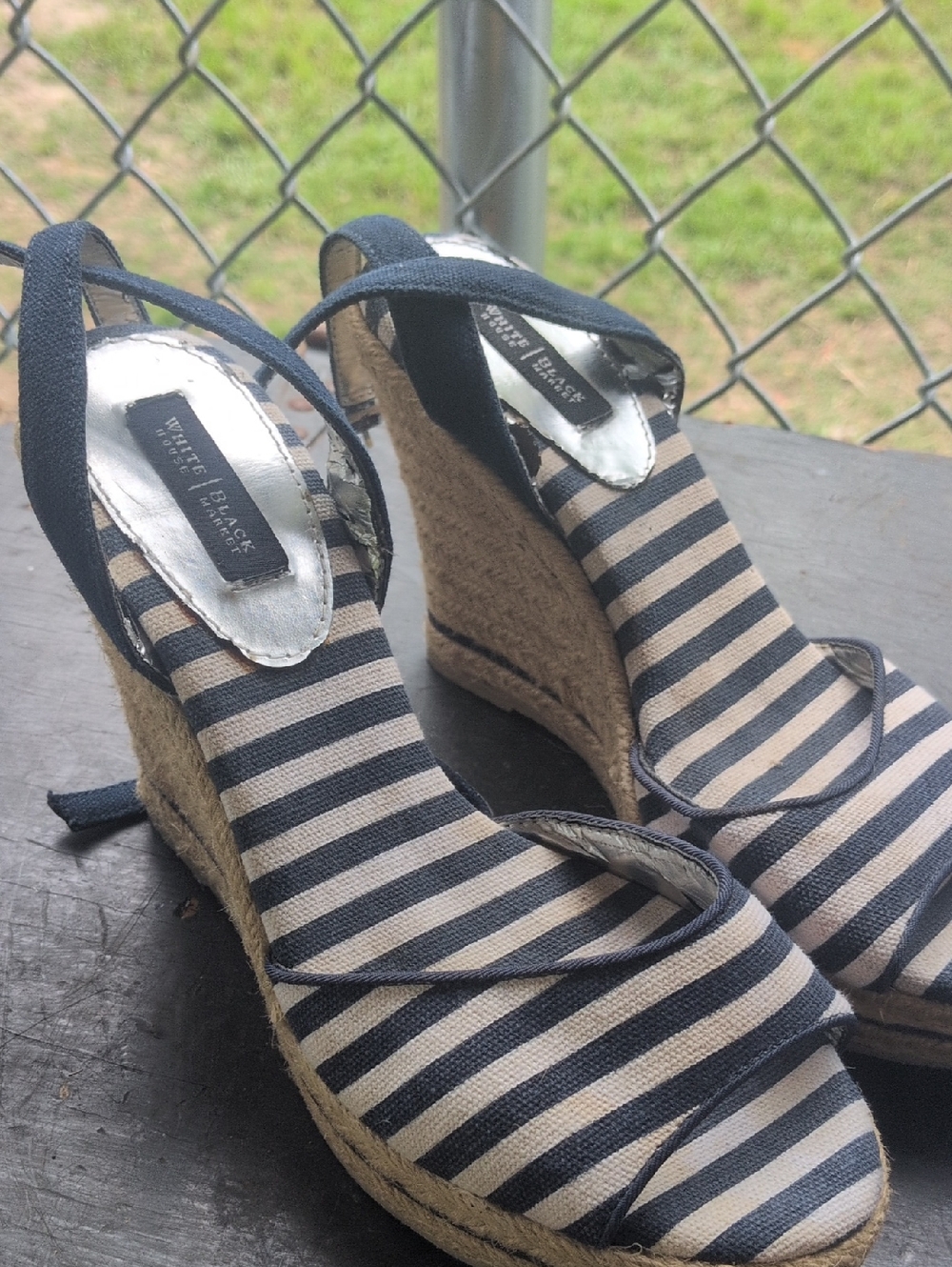 White House Black Market Navy & Cream Striped Espadrille Wedge Sandals